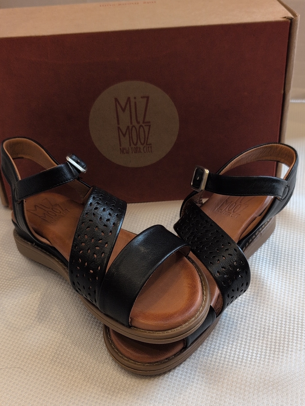 Miz Mooz Black Leather Perforated Strap Sandals